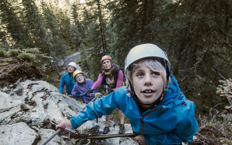 Austria, Salzburg State, Altenmarkt-Zauchensee, family at via ferrata